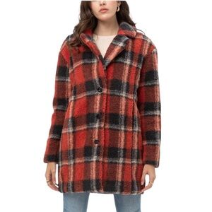 Love Tree Faux Fur Red Plaid Women's Winter Coat Sherpa Fleece Jacket READ SZ L
